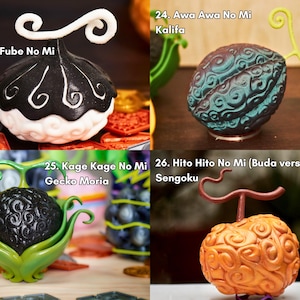 Set premium de Frutas del Diablo pintadas a mano para vitrinas otaku, fotografías y cosplay.
23 Fube Fube no Mi de Kanjuro: capa negra y blanca con espiral invertida.
24 Awa Awa no Mi de Kalifa: óvalo verde-turquesa con textura de burbuja.
25 Kage Kage no Mi de Gecko Moria: esfera negra alojada en pétalos verdes.
26 Hito Hito no Mi (Buda) de Sengoku: fruta naranja con espirales y tallo marrón. Réplicas duraderas selladas con barniz UV; piezas clave para cualquier colección One Piece.