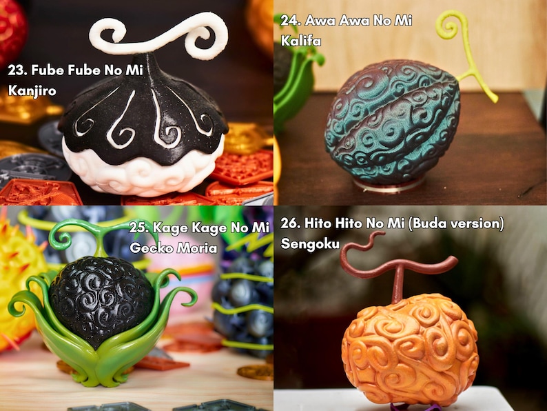 Set premium de Frutas del Diablo pintadas a mano para vitrinas otaku, fotografías y cosplay.
23 Fube Fube no Mi de Kanjuro: capa negra y blanca con espiral invertida.
24 Awa Awa no Mi de Kalifa: óvalo verde-turquesa con textura de burbuja.
25 Kage Kage no Mi de Gecko Moria: esfera negra alojada en pétalos verdes.
26 Hito Hito no Mi (Buda) de Sengoku: fruta naranja con espirales y tallo marrón. Réplicas duraderas selladas con barniz UV; piezas clave para cualquier colección One Piece.