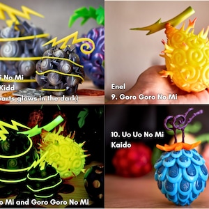Collage con tres réplicas de Frutas del Diablo numeradas:
• 8. Jiki Jiki no Mi de Eustass Kid: esfera metálica con relámpagos amarillos que brillan en la oscuridad.
• 9. Goro Goro no Mi de Enel: fruta amarilla con púas naranjas y espiral eléctrica.
• Vista nocturna: Jiki Jiki no Mi y Goro Goro no Mi resaltan con efecto neón.
• 10. Uo Uo no Mi de Kaido: fruto azul con escamas y tallo violeta. Réplicas pintadas a mano, ideales para cosplay y vitrinas otaku.