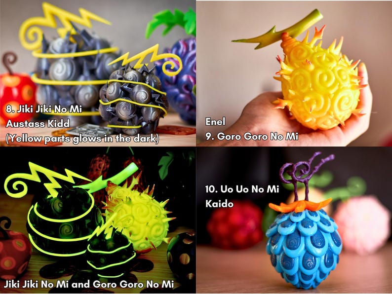 Collage con tres réplicas de Frutas del Diablo numeradas:
• 8. Jiki Jiki no Mi de Eustass Kid: esfera metálica con relámpagos amarillos que brillan en la oscuridad.
• 9. Goro Goro no Mi de Enel: fruta amarilla con púas naranjas y espiral eléctrica.
• Vista nocturna: Jiki Jiki no Mi y Goro Goro no Mi resaltan con efecto neón.
• 10. Uo Uo no Mi de Kaido: fruto azul con escamas y tallo violeta. Réplicas pintadas a mano, ideales para cosplay y vitrinas otaku.