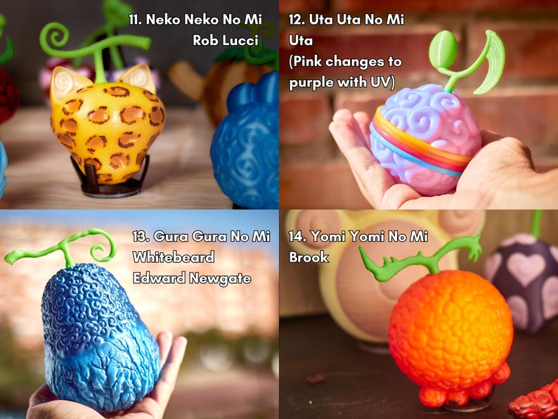 11. Neko Neko no Mi de Rob Lucci: diseño amarillo con manchas de leopardo y orejas felinas.
12. Uta Uta no Mi de Uta: esfera rosa con anillo arcoíris; el rosa se vuelve púrpura bajo luz UV.
13. Gura Gura no Mi de Whitebeard: fruta azul claro con espirales, tallo verde.
14. Yomi Yomi no Mi de Brook: esfera naranja con textura cerebral y base de nubecillas. Pintadas a mano; perfectas para cosplay, coleccionistas y decoración otaku.