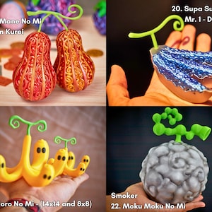Cuatro réplicas de Fruta del Diablo coleccionables; imprescindibles para fans de One Piece y sets cosplay.
19 Mane Mane no Mi de Bon Kurei: dos peras gemelas cobre-rojizas con filigrana.
20 Supa Supa no Mi de Daz Bonez: ala azul metálico con filo plateado.
21 Horo Horo no Mi de Perona: racimo de fantasmitas amarillos, tamaños 14 cm y 8 cm.
22 Moku Moku no Mi de Smoker: esfera gris humo con tallo verde. Pintadas a mano, perfectas como regalo anime, decoración gamer o exposición en convenciones.