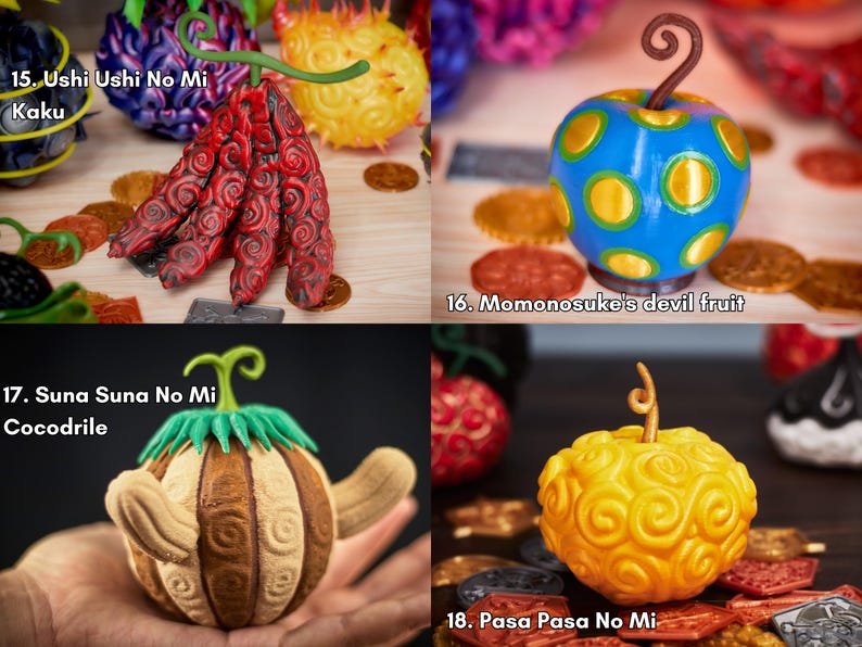 Réplica artesanal de Frutas del Diablo One Piece, ideal para decoración anime, cosplay o regalo otaku.
15 Ushi Ushi no Mi de Kaku: gajos rojos con espirales, tallo verde.
16 Fruta artificial de Momonosuke: esfera azul con grandes círculos dorados.
17 Suna Suna no Mi de Crocodile: melón marrón-arena con “aletas” y hojas verdes.
18 Pasa Pasa no Mi (película): esfera amarilla oro con espirales. Cada pieza está pintada a mano y barnizada para una vitrina otaku de alto impacto visual.