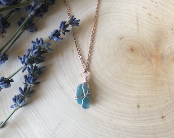 Blue Apatite Simple, Dainty, Wrapped Raw Healing Crystal Necklace