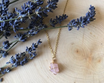 Rose Quartz Simple, Dainty, Wrapped Raw Healing Crystal Necklace