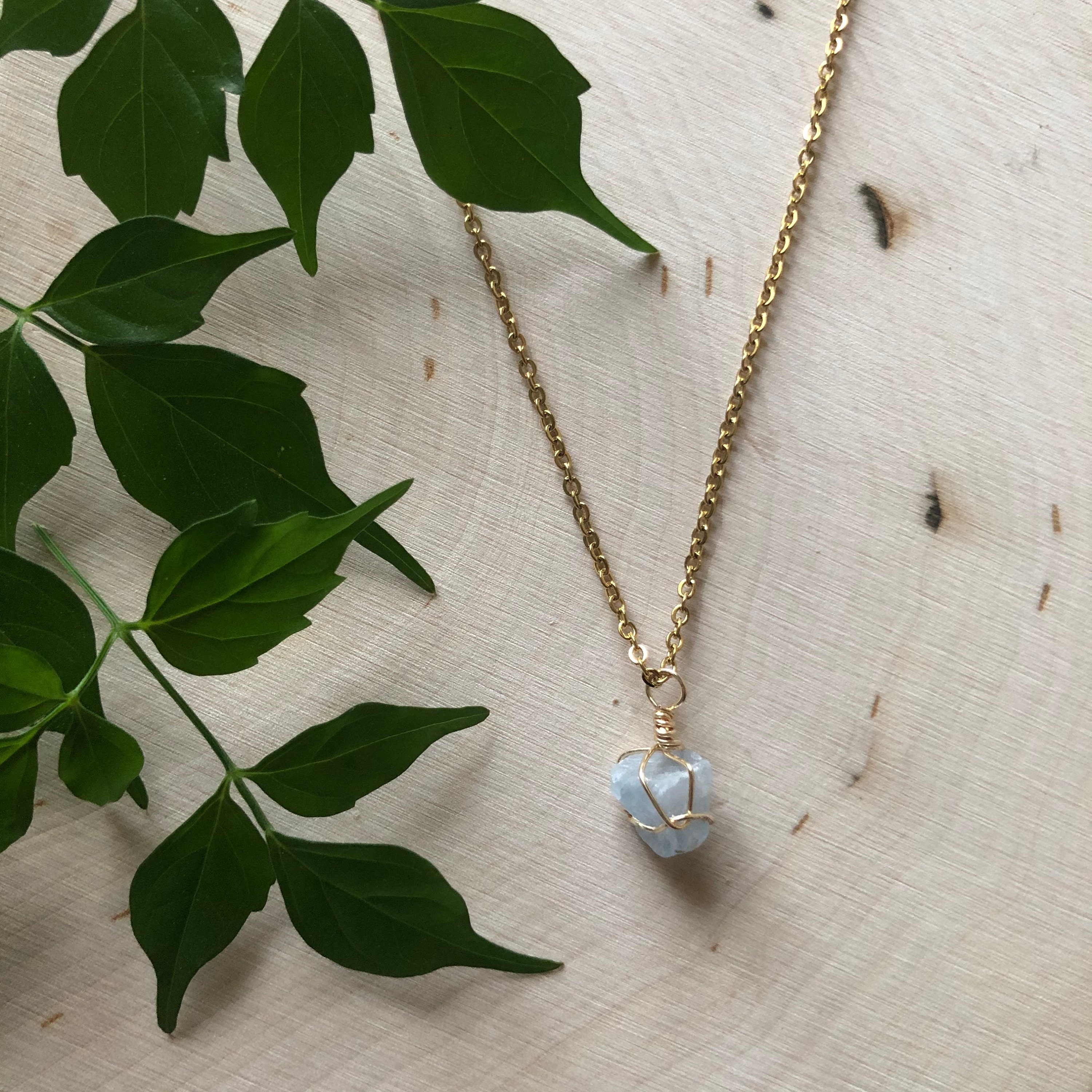 Celestite Simple, Dainty, Wrapped Raw Healing Crystal Necklace