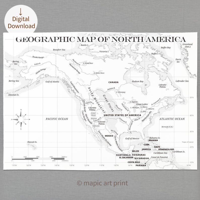Geographic Map of North America / Printable Map / Black and White Map