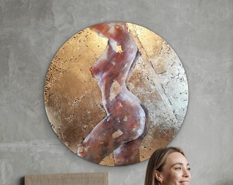 Göttin Pellonia: Figurative weiblicher Körper Kunst, Acryl & Blattmetall Spiegelbild