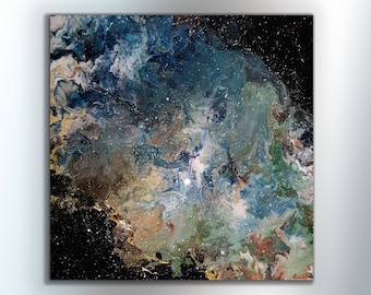 Pintura espacial original: arte abstracto con acrílico vertido sobre lienzo