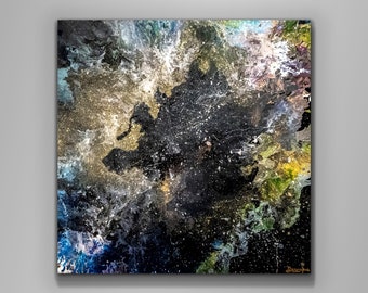 Pintura acrílica vertida espacial original: arte mural abstracto y brillante.