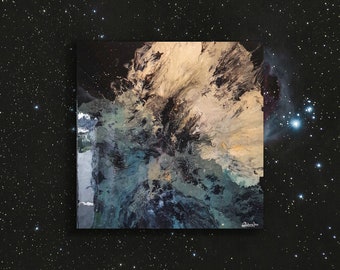 Pintura acrílica vertida espacial original: arte abstracto brillante en lienzo
