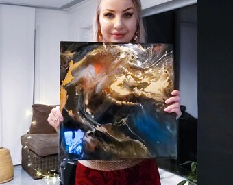 Abstrakte Galaxie Resin Kunst Gemälde – Kosmische Himmlische Wandkunst mit Goldpigment, 40 × 40 cm
