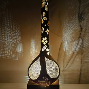 Large gourd table lamp, flowers, natural materials, rustic, coastal design, luminary, tiki party