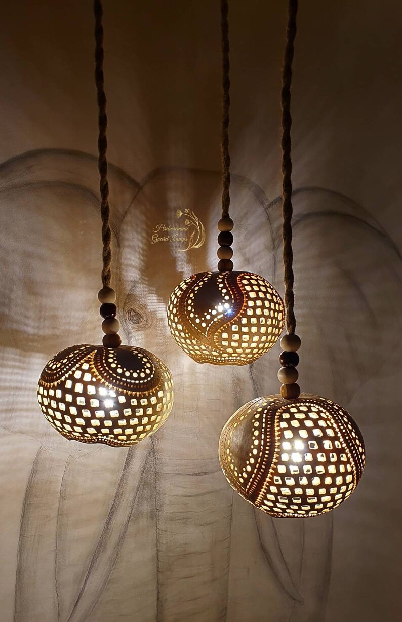 Picture of Hanging Shabby Chic Gourd Lamps, Wooden Pendant Light, Rustic ...