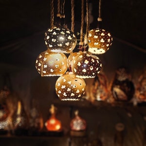Hanging 7 gourds lamp, wooden pendant, rustic light fixture, chandelier, wooden beads, rope cable