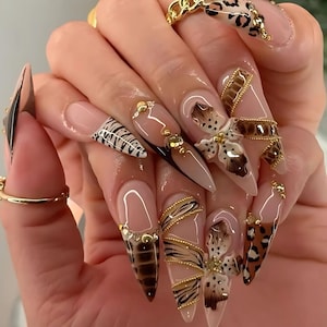 Leopard Print and Gold Accent Press-On Nails, Exotic Animal Print Nail Art with 3D Flowers