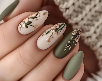 Green Floral Press On Nails, Matte Olive Almond Nails, Botanical Nail Art Set, Handmade Fake Nails, Elegant Nature Nails