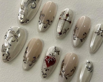 Gothic Cross Press On Nails, Vintage Heart Almond Nails Set, Neutral Elegant Nails, Dark Romantic Nail Art