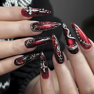 Red Black Stiletto Press On Nails, Gothic Nail Set with Snake and Cross Charms, Long 3D Nails for Halloween or Cosplay