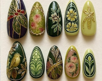 Botanical Floral Press On Nails, Green Nature Nail Art Set, Hand Painted Flower Leaf Bird Nails, Almond Press Nails