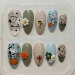 Snoopy Autumn Press On Nails , 3D Pumpkin and Plaid Nail Art | Handmade Peanuts Autumn Set| Halloween Nail Set| Kawaii Snoopy