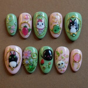 Handmade Cute Cat Press On Nails | 3D Kitty & Strawberry Nail Art | Pastel Green Pink Black False Nails | Kawaii Reusable Nail Set