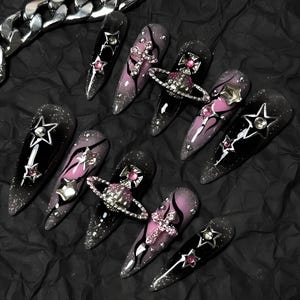 Galaxy Star Planet Nails, Black Pink Space Acrylic Nail Art with 3D Saturn and Sparkle, Press On Nails
