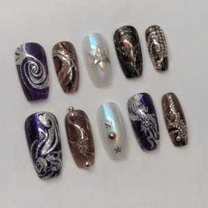 Galaxy Star Press On Nails, Cosmic Holographic Nail Art, Black & Silver Celestial Nails with Glitter, Handmade Astrology Nail Set