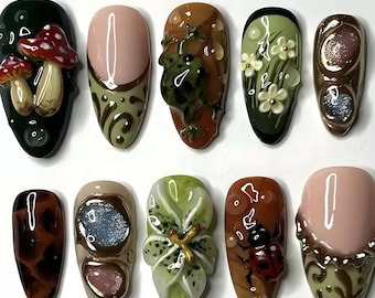 Forest Garden Press On Nails, Earthy Floral Mushroom Nail Art Set, Green Brown 3D Fake Nails, Almond Press Ons, Nature Nails