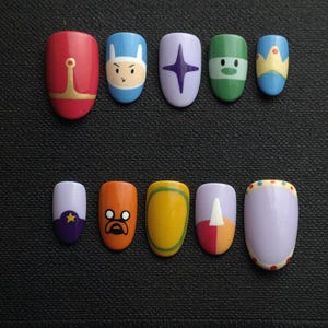 Inspired Adventure Time Press On Nails | Cartoon Character Fake Nails | Handmade Colorful Nail Art Set | Cute Anime Cosplay Reusable Nails