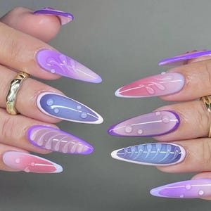 3D Jelly Nail Art Press On Nails, Purple Pink Ombre Stiletto Nails, Glossy Abstract Lines & Drops, Trendy Y2K Summer Nail Set