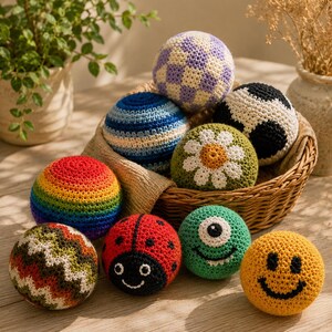 May include: A collection of ten round, crocheted yarn balls in a woven basket. Designs include a purple and white checkerboard, blue stripes, a white daisy on green, a black and white pattern, a rainbow gradient, a zigzag pattern, a ladybug, a green cyclops, and a yellow smiley face.