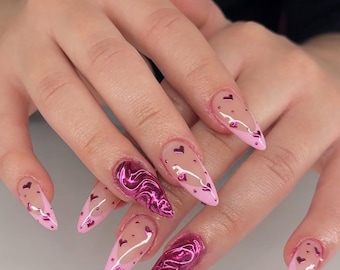 Pink Heart Press On Nails, Valentine’s Day Fake Nails, Chrome Accent Long Stiletto Nails, Romantic Handmade Nail Art Set for Lovers