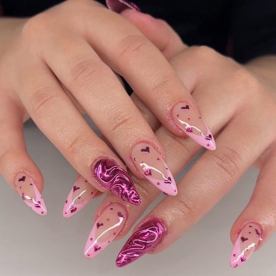 Pink Heart Press On Nails, Valentine’s Day Fake Nails, Chrome Accent Long Stiletto Nails, Romantic Handmade Nail Art Set for Lovers