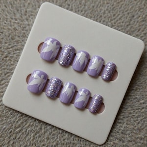 Lavender Flower Press On Nails | Purple Glitter Short Square Nails | Handmade Floral False Nails | Soft Pastel Reusable Nail Set