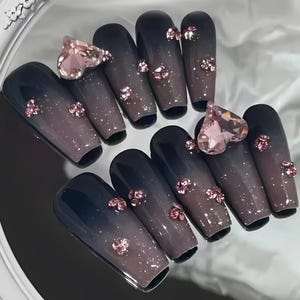 Black Glitter Ombre Press On Nails, Pink Rhinestone Heart Nails, Luxury Glam Nail Set, Handmade Dark Sparkly Nails,Elegant Night Party Nails