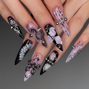 Gothic Stiletto Nail Art, Black Purple 3D Floral Nails with Spikes and Chains, Punk Rock Acrylic Press On Nails