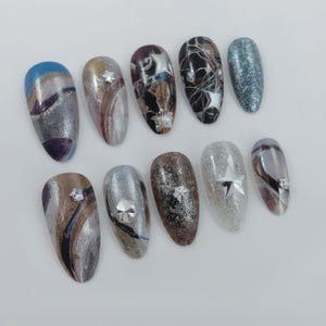 Luxury Celestial Press On Nails | Star & Galaxy Nail Art | Rhinestone Constellation Fake Nails | Cosmic Acrylic Nail Set