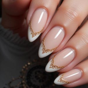 Elegant French Tip Nails, White and Gold Glitter Nail Art, Classy Stiletto French Manicure, Chic Wedding Nails, Luxury Glam Design