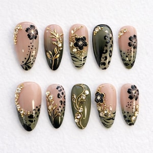 3d Clock Flower Nails, Holiday Press On Nails Long Almond Nails, Spring Nails, Zebra Nails, Birthday Nails, Custom Nails, Dark Green Nails
