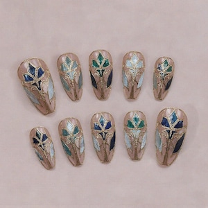 Elegant Stained Glass Press On Nails | Handmade Gold Foil Floral Nail Art | Multicolor Almond Nails | Luxury Reusable Nail Set