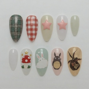 Totoro Press On Nails Cottagecore Mushroom Bunny Cloud Cute Cartoon Nail Art Set Handmade Kawaii Anime Inspired False Nails