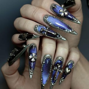 3D Chrome Star Nail Set, Y2K Goth Red Pink Nails, Blood Drip Heart Nail Design, Long Stiletto Press On Nails, Edgy Acrylic Nails