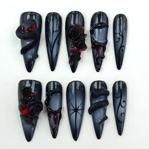 Black Snake Press On Nails, Gothic Dark Rose Nails with Red Blood Accents, Handmade Horror Halloween Nail Set
