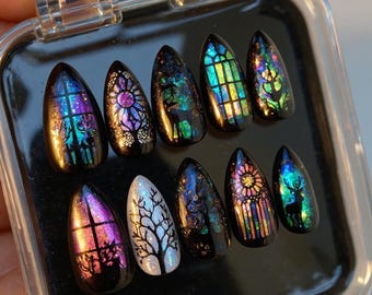 Stained Glass Forest Nails, 3D Press On Nails with Deer and Trees, Gothic Fantasy Nail Set, Handmade Iridescent Window Nail Art