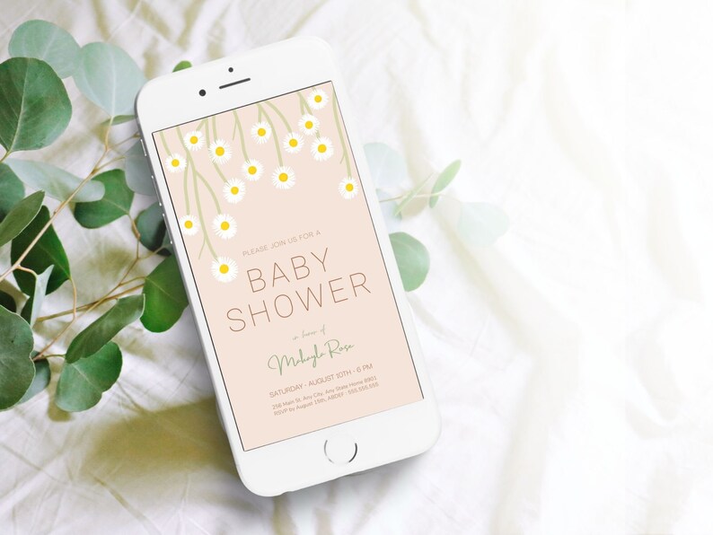 Daisy Baby Shower Digital Invitation, Modern Floral Baby Shower Electronic Invite, Baby Shower