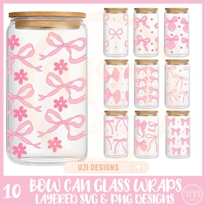 May include: Ten pink and white layered SVG and PNG designs for bow can glass wraps. The designs feature various pink bows and hearts on a white background.