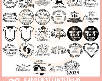 May include: A set of 28 black and white SVG and PNG files for a baby's first Christmas. The designs include text such as "My First Christmas", "Baby's First Christmas", and "Our First Christmas as a Family".