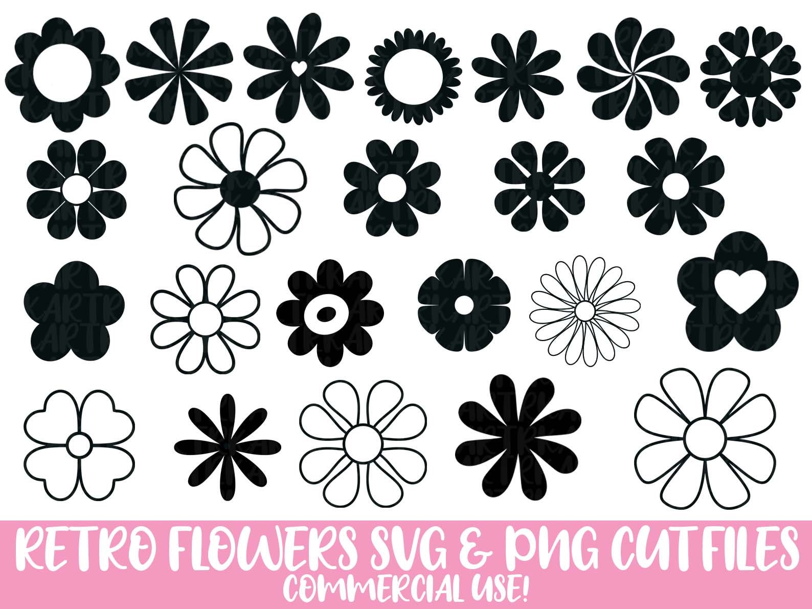 Retro Flower Shapes Bundle Svg, Retro Daisy Svg, Boho