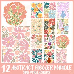 Paquete SVG de flores abstractas, svg de flores retro, svg de flores boho, SVG floral, svg de flores groovy, png svg floral boho, arte de pared imprimible, SVG